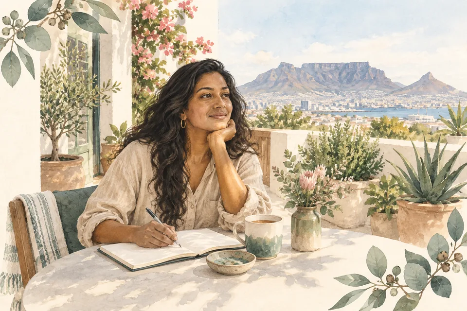 Watercolour of a woman writing in a notebook at a table on a sunny stoep, with Table Mountain in the distance.
