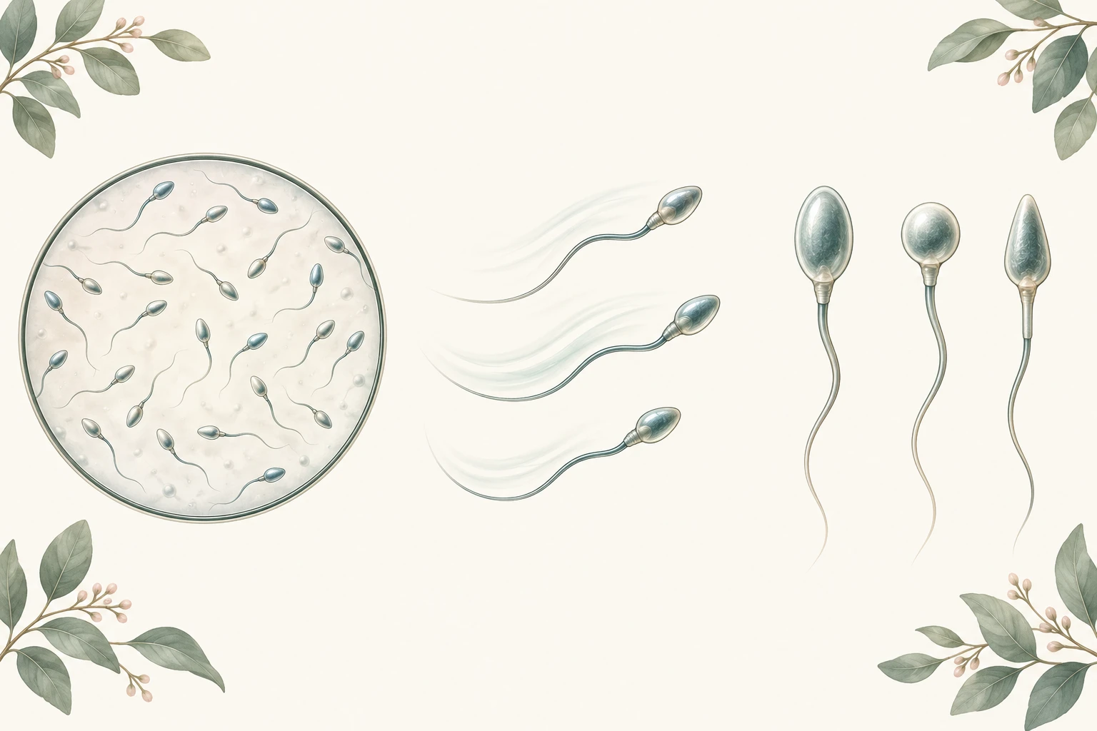 Three illustrated panels showing sperm number, movement and shape
