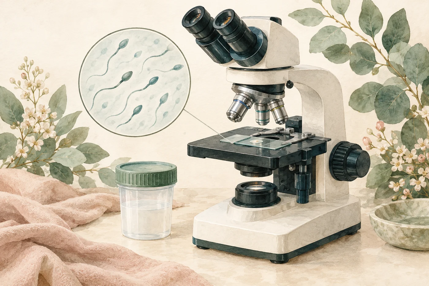 Watercolour illustration of a fertility laboratory microscope, closed sample container and stylised sperm cells