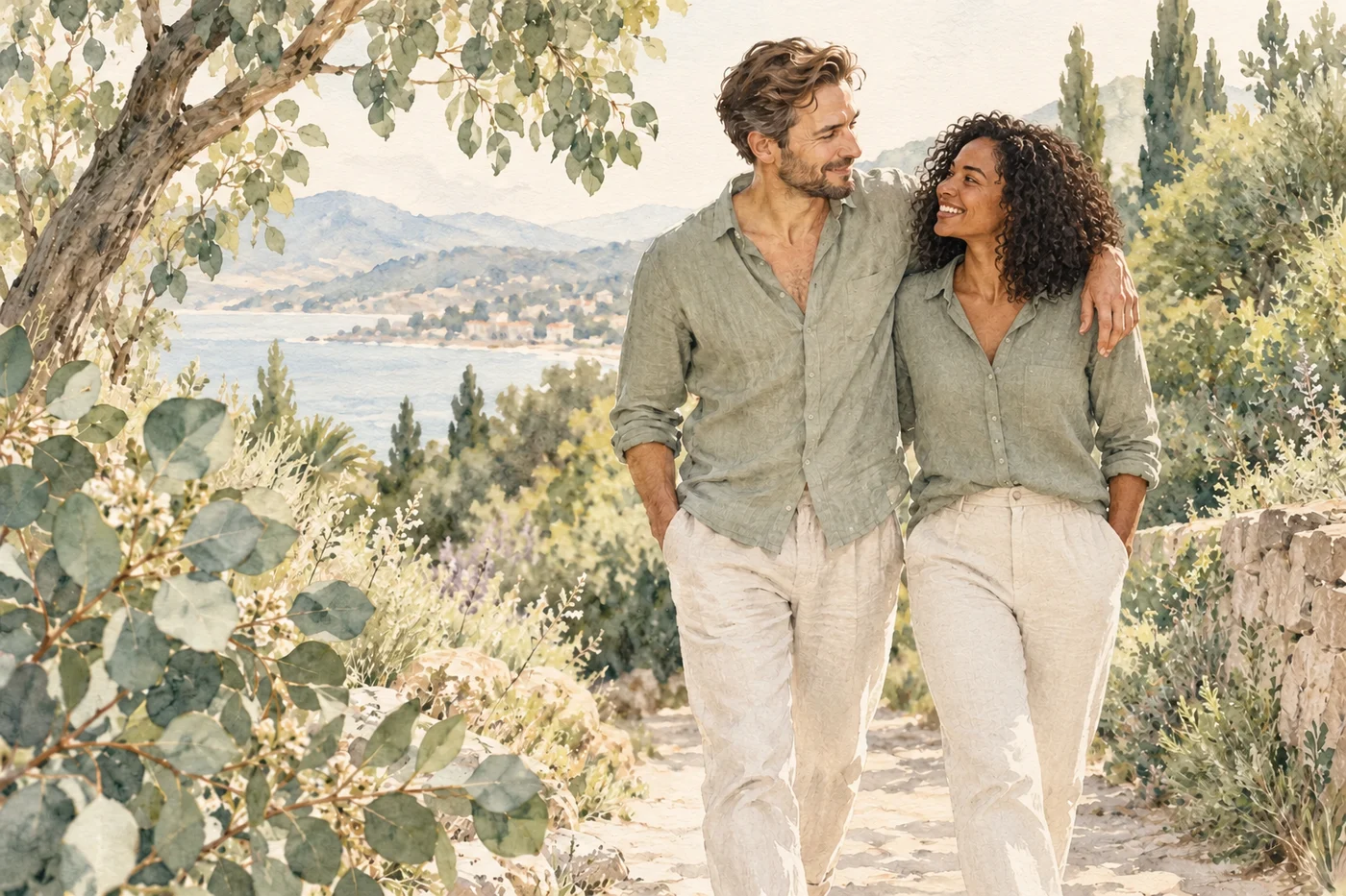 Watercolour illustration of a man and a woman walking together on a leafy sunlit path