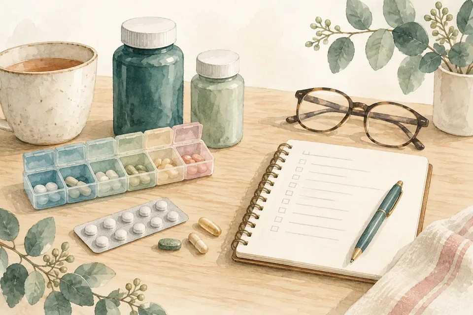 Watercolour still life: two supplement bottles, a weekly pill organiser, glasses and a notebook with a list.